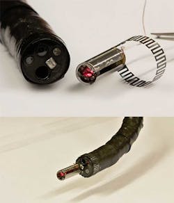 1. The steerable laser &ldquo;head&rdquo; (top image, right) fits onto the fiber-optic endoscope (bottom). (Source: Wyss Institute/Harvard University)
