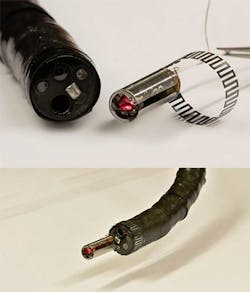 1. The steerable laser “head” (top image, right) fits onto the fiber-optic endoscope (bottom). (Source: Wyss Institute/Harvard University) 1. The steerable laser “head” (top image, right) fits onto the fiber-optic endoscope (bottom). (Source: Wyss Institute/Harvard University)