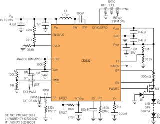 1. Shown is a 2-MHz regular boost schematic with 2000:1 PWM dimming at 120 Hz.