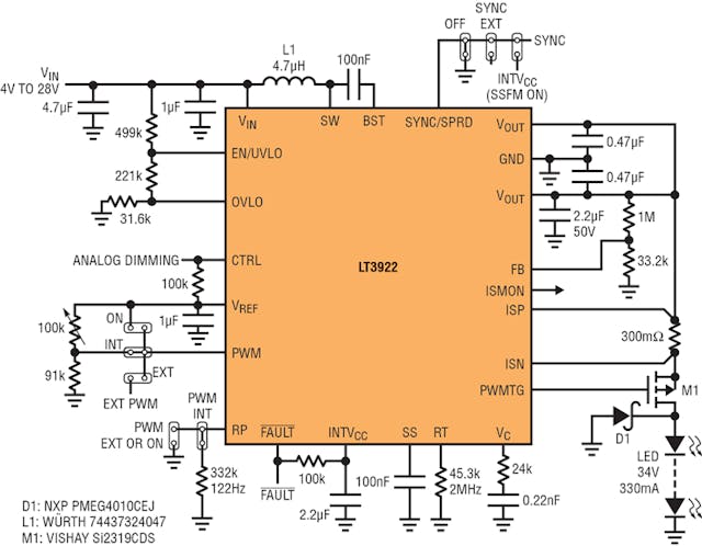 1. Shown is a 2-MHz regular boost schematic with 2000:1 PWM dimming at 120 Hz.