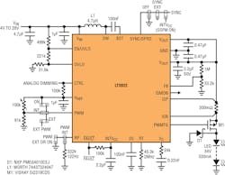 1. Shown is a 2-MHz regular boost schematic with 2000:1 PWM dimming at 120 Hz. 1. Shown is a 2-MHz regular boost schematic with 2000:1 PWM dimming at 120 Hz.