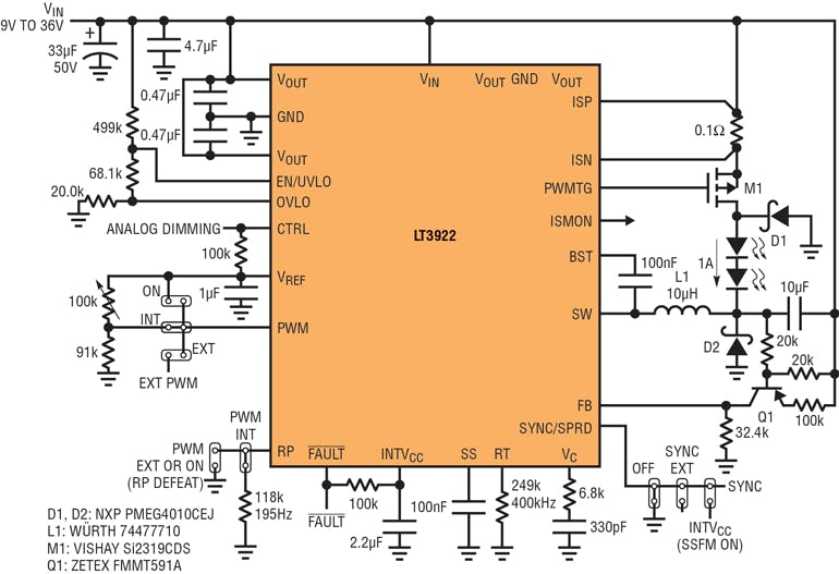 2. Here&apos;s a 400-kHz buck-mode LED driver with 1000:1 100-Hz PWM dimming brightness control.