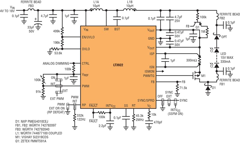 3. This is a 2-MHz boost-buck LED driver with low input and output ripple. This solution passes CISPR 25 Class 5.
