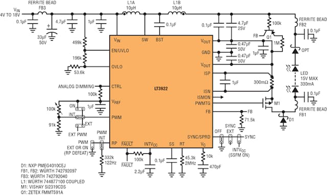 3. This is a 2-MHz boost-buck LED driver with low input and output ripple. This solution passes CISPR 25 Class 5.