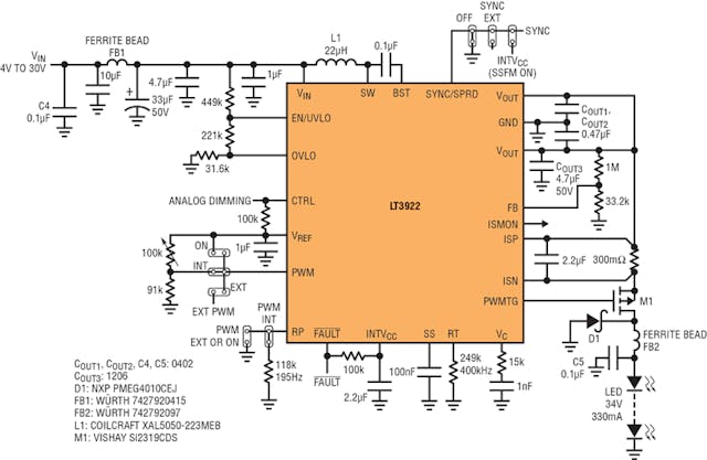 4. This 400-kHz automotive boost LED driver has filters for low EMI and an option for 100%, 10%, or 1% internally generated PWM dimming. EMI tests (see Figure 5) show that this solution passes CISPR 25 Class 5.