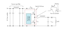 This simplified SMPS circuit shows the critical input filter, the high-current loop that must be minimized to reduce its inductance, and a typical switching signal at the high dV/dt node. This simplified SMPS circuit shows the critical input filter, the high-current loop that must be minimized to reduce its inductance, and a typical switching signal at the high dV/dt node.