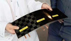 1. The cell consists of a carbon-fiber electrode and a lithium-iron-phosphate electrode separated by a fiberglass fabric, all impregnated with a structural battery electrolyte for combined mechanical and electrical function. (Source: Chalmers University of Technology) 1. The cell consists of a carbon-fiber electrode and a lithium-iron-phosphate electrode separated by a fiberglass fabric, all impregnated with a structural battery electrolyte for combined mechanical and electrical function. (Source: Chalmers University of Technology)