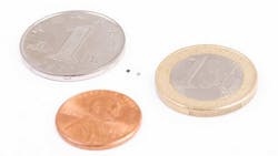 1. Coins dwarf tiny DRV5011 wafer chip-scale Hall-effect sensors, which find use in applications ranging from handheld drills to vacuum robots. 1. Coins dwarf tiny DRV5011 wafer chip-scale Hall-effect sensors, which find use in applications ranging from handheld drills to vacuum robots.