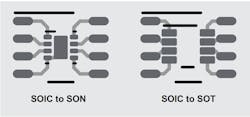 3. You can lay out your PCB to accommodate an SOIC or SON package (left) or SOIC or SOT package (right). 3. You can lay out your PCB to accommodate an SOIC or SON package (left) or SOIC or SOT package (right).