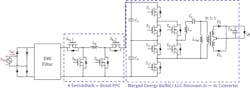 1. In this schematic, we see the proposed LED driver design, with a full-bridge diode rectifier, followed by a three-stage differential-mode EMI filter, a four-switch buck-boost PFC stage, and a merged energy buffer/LLC resonant dc-dc converter. (Source: Reference 1) 1. In this schematic, we see the proposed LED driver design, with a full-bridge diode rectifier, followed by a three-stage differential-mode EMI filter, a four-switch buck-boost PFC stage, and a merged energy buffer/LLC resonant dc-dc converter. (Source: Reference 1)