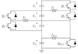 3. To keep a consistent voltage in a series-connected C-ion system, an active charge balancing circuit, shown here, is developed as a series of interleave-connected cascading half-bridge circuits. (Source: Reference 3)