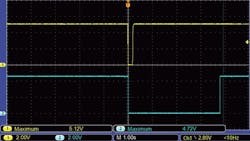 4. Trigger pulse and the output from gate U1B (in blue color), which puts transistor Q2 in cutoff. 4. Trigger pulse and the output from gate U1B (in blue color), which puts transistor Q2 in cutoff.