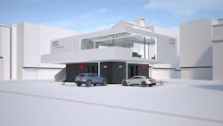 According to Audi, the hub would be modular and pre-fabricated, relying on flexible container cubes to house the lithium-ion batteries. According to Audi, the hub would be modular and pre-fabricated, relying on flexible container cubes to house the lithium-ion batteries.