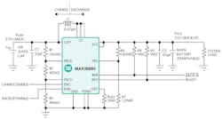 2. This typical application circuit using the MAX38889 shows the supercapacitor, optional battery, and fixed voltage-rail output to the load. 2. This typical application circuit using the MAX38889 shows the supercapacitor, optional battery, and fixed voltage-rail output to the load.