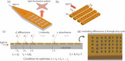 3. (a) Meta-grating structure with rectangular scatterers in each grating row. (b) The rectangular scatterers are dispersed within a row and their characteristics are determined by the duty cycle (C) and their period (Λx, Λy). Each row has a different characteristic of rectangular scatterers that determine how much they diffract the light off the plane to illuminate the sample. (c) Light propagation in the metasurface is easily understood through an effective mirror model where the light gets diffraction (d), absorbed (s) and transmitted (t) through the individual row. 3. (a) Meta-grating structure with rectangular scatterers in each grating row. (b) The rectangular scatterers are dispersed within a row and their characteristics are determined by the duty cycle (C) and their period (Λx, Λy). Each row has a different characteristic of rectangular scatterers that determine how much they diffract the light off the plane to illuminate the sample. (c) Light propagation in the metasurface is easily understood through an effective mirror model where the light gets diffraction (d), absorbed (s) and transmitted (t) through the individual row.
