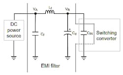 2. This schematic shows a differential-mode EMI filter design example for a SMPS. The ac filter input is VB and the ac output of the filter is VA (In this filter schematic, the ac input is on the right side and the ac output is on the left side of the diagram. (Source: Texas Instruments)