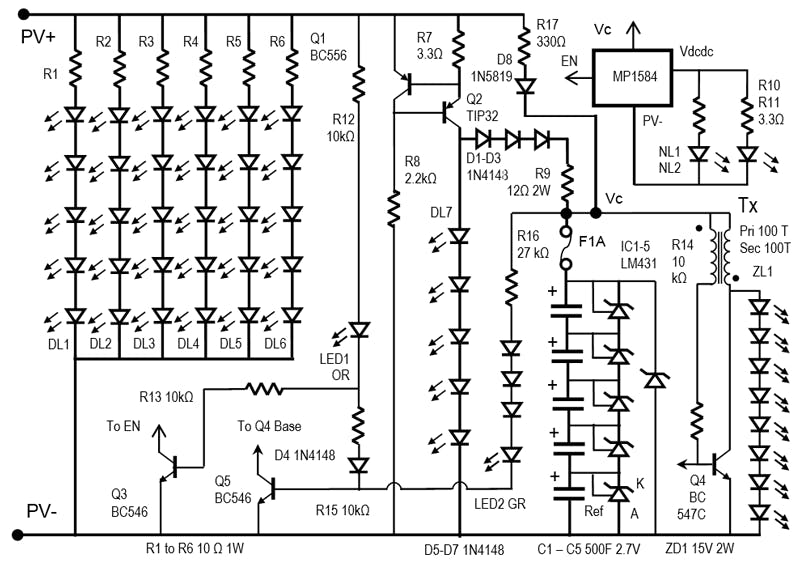 2. This circuit diagram presents the supercapacitor-based, round-the-clock PV lighting system.