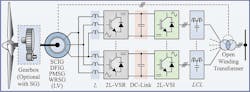 7. Shown is the architecture of Type 3 and 4 WECS with parallel connected BTB 2L-VSCs, with individual dc-links, and an open winding transformer (see Reference 4). 7. Shown is the architecture of Type 3 and 4 WECS with parallel connected BTB 2L-VSCs, with individual dc-links, and an open winding transformer (see Reference 4).