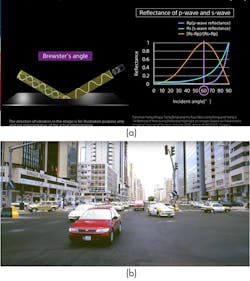 1. Using the traditional approach, and positioning the camera at Brewster’s angle, allows you to see through a subsection of vehicles—but only when positioned ideally (a). Compare cars at the front versus the SUV on the left and taxi on the right (b). 1. Using the traditional approach, and positioning the camera at Brewster’s angle, allows you to see through a subsection of vehicles—but only when positioned ideally (a). Compare cars at the front versus the SUV on the left and taxi on the right (b).