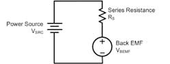 1. An electrical model of a dc motor includes a power source, series resistance, and back EMF.