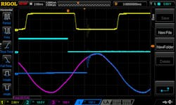 8. The circuit was tested at no load with the 7.407-ms delay, but as shown here, the relay did not switch at true zero-crossing when the electrical outlet signal is at zero. 8. The circuit was tested at no load with the 7.407-ms delay, but as shown here, the relay did not switch at true zero-crossing when the electrical outlet signal is at zero.