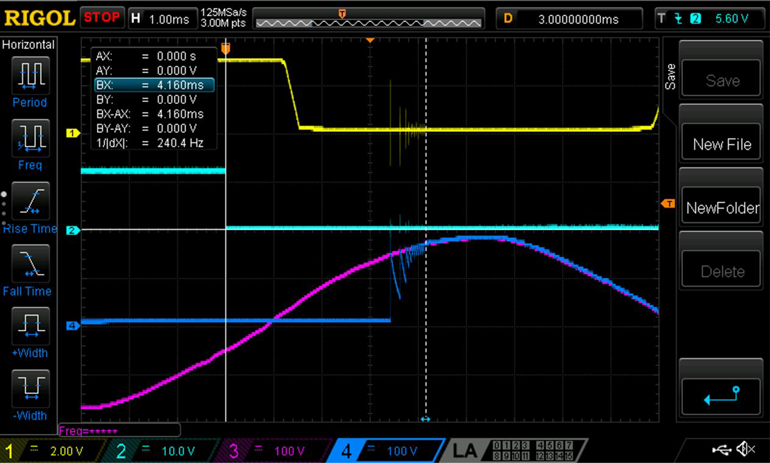 9. The actual operation time of the relay was measured to be 4.16 ms by observing the distance between RELAY ON going Low and the relay contact settling to the same value as the electrical outlet signal.