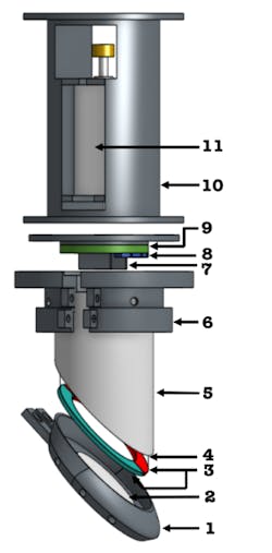 2. Exploded view of the Digger Finger: Numbered arrows are 1) bottom housing, 2) mirror, 3) fluorescent paint, 4) clear acrylic tube, 5) gel, 6) top housing, 7) camera housing, 8) blue LED, 9) PCB, 10) vibrator housing, 11) vibrator motor.