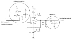 1. This schematic shows the test circuit for injection in the non-inverting input pin of the op amp, in the emitter follower configuration (image from Reference 1). 1. This schematic shows the test circuit for injection in the non-inverting input pin of the op amp, in the emitter follower configuration (image from Reference 1).