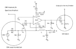 2. Illustrated is the test circuit for injection in the negative power-supply pin of the op amp, in the inverting configuration (image from Reference 1). 2. Illustrated is the test circuit for injection in the negative power-supply pin of the op amp, in the inverting configuration (image from Reference 1).