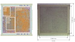 (Left) The die layout of PlasticARM, highlighting the Cortex-M CPU, ROM, and RAM, and (right) the die micrograph of PlasticARM. (Left) The die layout of PlasticARM, highlighting the Cortex-M CPU, ROM, and RAM, and (right) the die micrograph of PlasticARM.