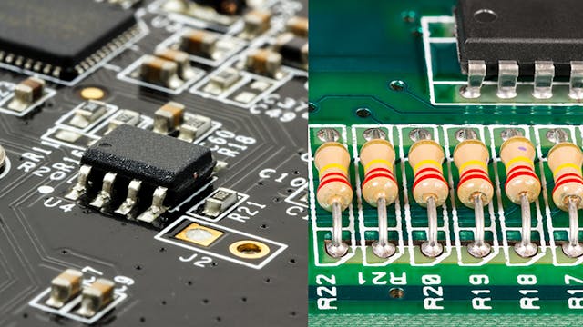 Surface-mount technology (left) is replacing through-hole technology (right) in most applications. (Dreamstime)