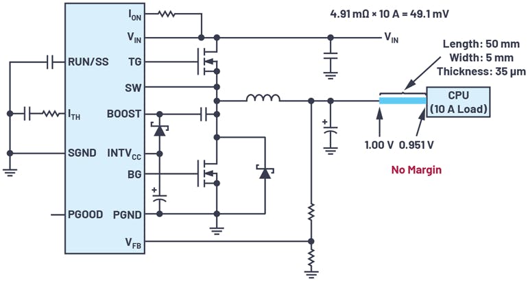 1. Shown is dc-dc output voltage drop with narrower PCB trace.