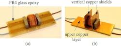 6. Two different configurations for the DM EMI filter: In (a), the filter is on top of a single-copper-layer PCB with a distance of 3.5 mm between each of the filter components. In (b), the filter is atop a double-copper-layer (top and bottom) PCB and two vertical copper shields, with 3.5 mm between each of the filter components. (Image from Reference 9)
