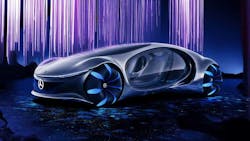 Each wheel can be driven separately. Due to the possibility of driving the front and rear axles simultaneously or in opposite ways, the VISION AVTR can move sideways by approximately 30 degrees. (Source: Mercedes-Benz) Each wheel can be driven separately. Due to the possibility of driving the front and rear axles simultaneously or in opposite ways, the VISION AVTR can move sideways by approximately 30 degrees. (Source: Mercedes-Benz)