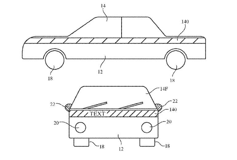 The Apple patent application illustration shows how external screens would be used to display information about what an autonomous car intends to do next.