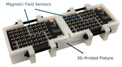 2. Magnetic-field sensing array: Two 6 × 8 magnetic-field sensor grids with sensors at a 4.83-mm pitch were custom designed and held together using a 3D-printed fixture and nylon nuts and bolts. 2. Magnetic-field sensing array: Two 6 × 8 magnetic-field sensor grids with sensors at a 4.83-mm pitch were custom designed and held together using a 3D-printed fixture and nylon nuts and bolts.