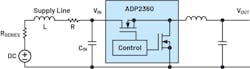 2. Here’s the circuit from Figure 1, but with the parasitic elements of the supply line and the voltage source shown. 2. Here’s the circuit from Figure 1, but with the parasitic elements of the supply line and the voltage source shown.
