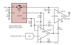 2. The LTC4249 dual electronic circuit breaker (ECB) is rated to 65 V/1.2 A and offers features and functions not possible with a standard breaker. Here, it’s providing bias for a sequenced GaN power amplifier’s 1-A servo function with 1.2-A protection. 2. The LTC4249 dual electronic circuit breaker (ECB) is rated to 65 V/1.2 A and offers features and functions not possible with a standard breaker. Here, it’s providing bias for a sequenced GaN power amplifier’s 1-A servo function with 1.2-A protection.