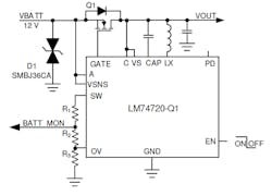 1. The basic LM74720-Q1 configuration provides the ideal diode for ripple rectification.