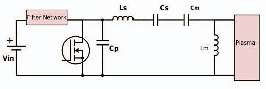 5. The schematic illustrates a power inverter for a plasma load with a matching network. (Image from Reference 5)