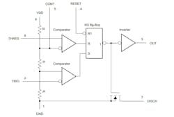 3. A 555 timer includes a resistor divider that establishes threshold levels for two comparators.