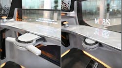 Hyundai&rsquo;s foldable steering wheel can be moved forward and backward by up to 25 cm, allowing it to be stowed away (right) in autonomous-driving mode. (Courtesy of Hyundai Mobis)