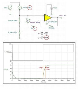 1. A 0- to 100-A current step input results in a 4-V output with a 35-μs rise time for this circuit employing the OPA391 precision op amp. 1. A 0- to 100-A current step input results in a 4-V output with a 35-μs rise time for this circuit employing the OPA391 precision op amp.