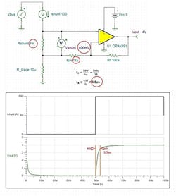 2. Reducing the closed-loop gain of the Figure 1 circuit by a factor of 10 results in a 3.5-μs rise time. 2. Reducing the closed-loop gain of the Figure 1 circuit by a factor of 10 results in a 3.5-μs rise time.