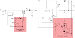 3. A flyback converter with auxiliary winding for feedback (left) and optocoupler feedback (right) can help accurately regulate the output. 3. A flyback converter with auxiliary winding for feedback (left) and optocoupler feedback (right) can help accurately regulate the output.