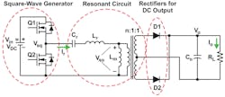 4. An H-bridge power converter combines a square-wave generator, resonant circuit, and dc output rectifier to supply a secondary-side isolated power output. 4. An H-bridge power converter combines a square-wave generator, resonant circuit, and dc output rectifier to supply a secondary-side isolated power output.