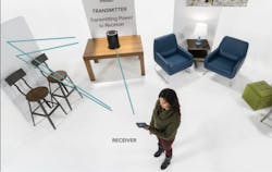 After the transmitter receives the signals from the receiver, it sends power back using the same paths. Reflections will take the power back to the receiver's position. This is done many times per second to handle moving receivers. After the transmitter receives the signals from the receiver, it sends power back using the same paths. Reflections will take the power back to the receiver's position. This is done many times per second to handle moving receivers.