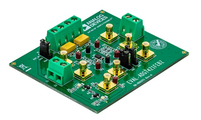 2. The simple functionality of the EVAL-ADG7421FEBZ is seen in its PCB implementation, with just one active device&mdash;the ADG7421F&mdash;and easy-to-use screw terminals.