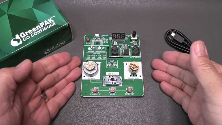 This is an example of Alix Paultre presenting Dialog Semi's SLG47105V HV PAK Four-Output Mixed-signal Matrix Demo Kit.