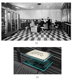 1. The UNIVAC family (a) started out with vacuum tubes. The single-chip, 128-core AMD EPYC server (b) processor is built on 5-nm transistor technology. (Courtesy of AMD) 1. The UNIVAC family (a) started out with vacuum tubes. The single-chip, 128-core AMD EPYC server (b) processor is built on 5-nm transistor technology. (Courtesy of AMD)